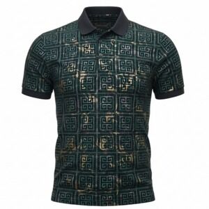 AMERICAN BREED Mens Geometric Print Stretch Velvet Polo Shirt Black Green Size M